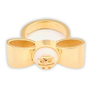 Tory Burch gold Bow pearl logo Ring size 6